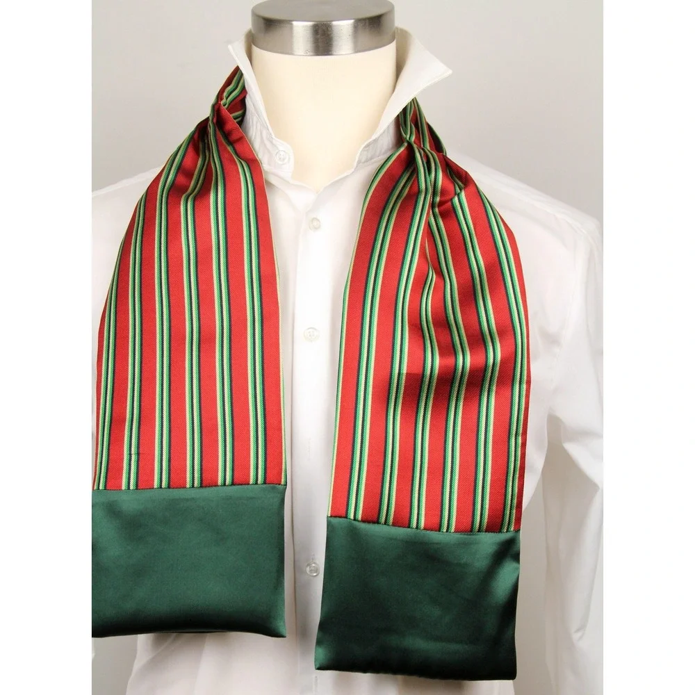 Camellucci Men's 100% Silk‎ Ascot Cravat LUXURY Striped Red Green Block